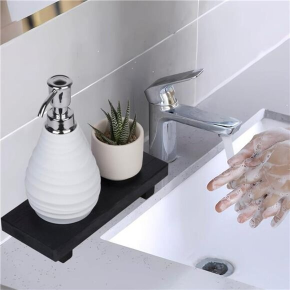 Wood Tray Pedestal Stand Farmhouse Bathroom Sink Vanity Soap Holder Black - Picture 3 of 8